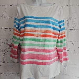 Talbots Multicolor Stripe Pullover Tee Top Size Medium  3/4 Sleeve Boatneck